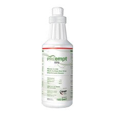 Front-facing 32oz pour bottle of PREempt RTU disinfectant solution showing full product label and usage details.