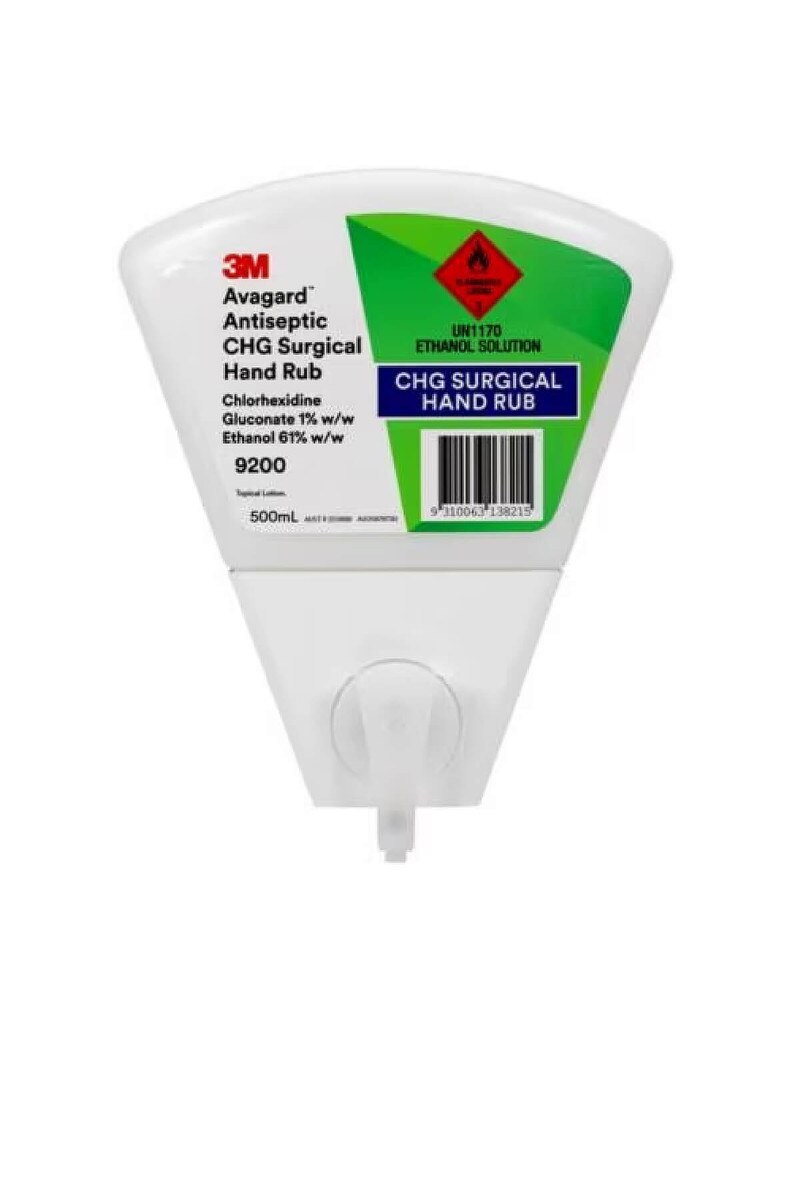 Front view of 3M Avagard CHG surgical hand rub refill container installed in the dispenser, with product label and dispensing nozzle visible.