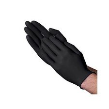 VGuard black nitrile exam glove worn on hand showing textured fingertip grip