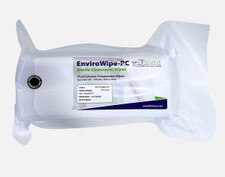 EnviroWipe-PC sterile cleanroom wipes in sealed pouch, presaturated poly-cellulose wipes containing 70% IPA and 30% DI water, labeled for controlled environment use.