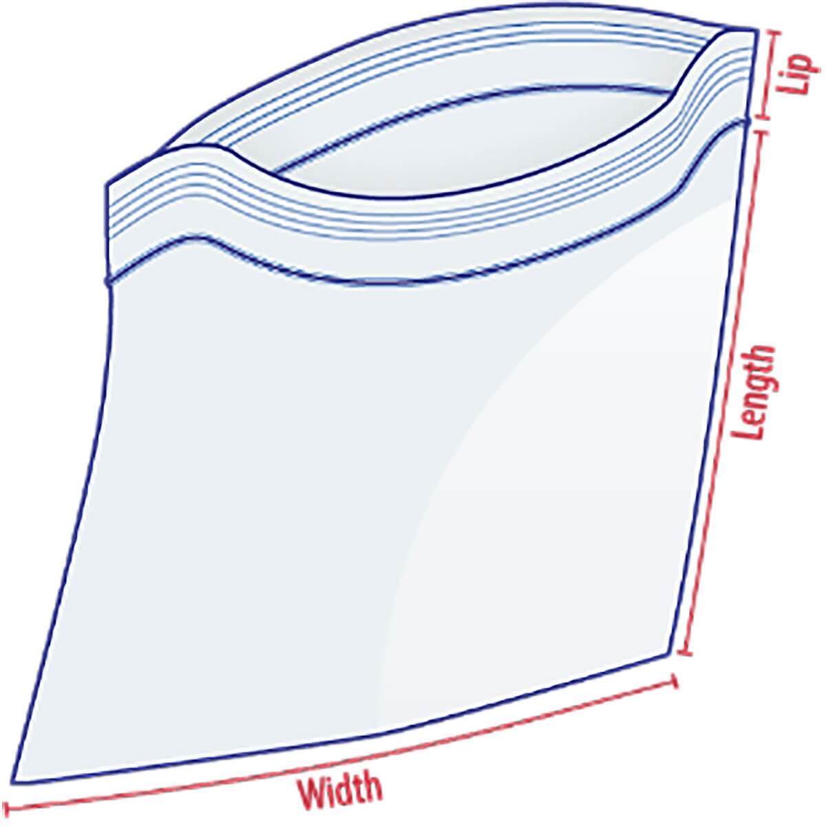 Reclosable zipper bag measurement diagram showing width, length and lip dimensions