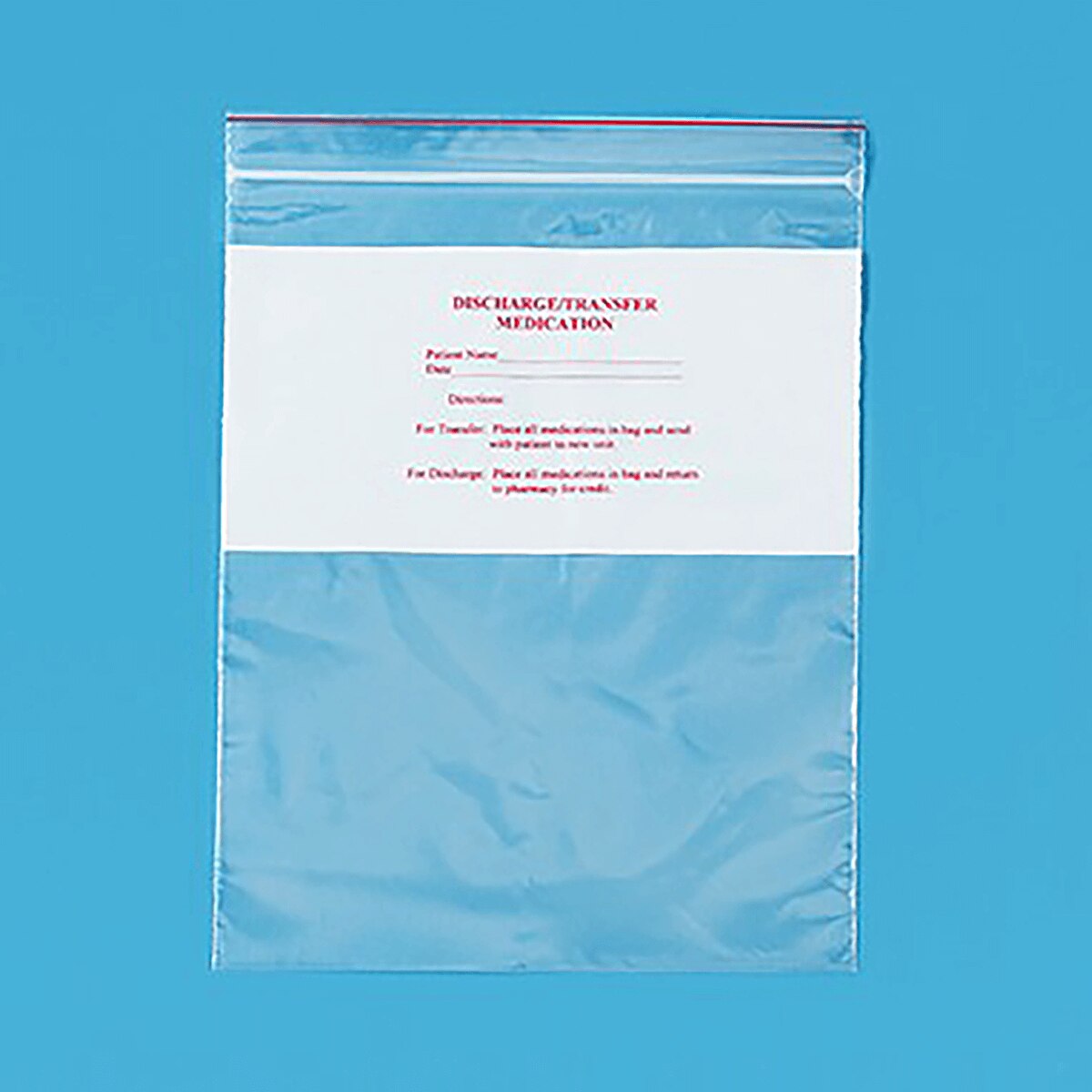 RoyalBag clear 8" × 10" reclosable zipper medication bag with Discharge/Transfer Medication form and red instructions