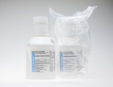 Single DECON-CLEAN 1-gallon bottle shown upright with full label visible, SimpleMix neck and side port in view.