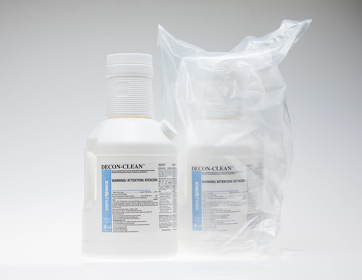 Single DECON-CLEAN 1-gallon bottle shown upright with full label visible, SimpleMix neck and side port in view.