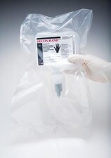 DECON-HAND ASEPTI-CLEANSE 32oz ethanol-based sanitizer refill pouch with dispensing valve, shown in protective packaging and held by a gloved hand.