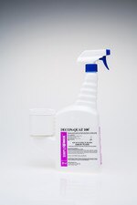 Close-up product image of Decon-Quat 100, 16oz SimpleMix bottle with integrated measuring chamber and spray trigger head, standing upright.