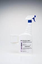 Sterile DECON-QUAT 200C 16oz trigger spray bottle standing upright on a clean white background, showing the product label, blue spray trigger, and attached white measuring chamber.