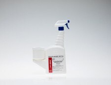 A single DECON-SPORE 200 Plus 5% trigger spray bottle with a white body and blue nozzle, featuring a red SIMPLE-MIX label and attached measuring cup.