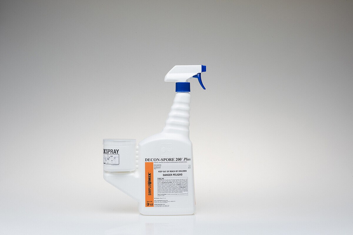 DECON-SPORE 200 Plus 3% trigger spray bottle with SimpleMix reservoir attached, 16oz disinfectant container with blue spray nozzle