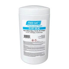 White canister of Free-Sat presaturated cleanroom wipes, 6” x 9” poly-cellulose wipes soaked in 70% IPA and 30% DI water, labeled FS-NT1-69.9C.