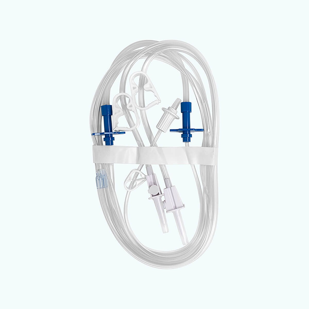 MPS Pharma G827 Luer-to-dual-spike repeater pump tubing set with clear coiled tubing, blue pump chambers and pinch clamps