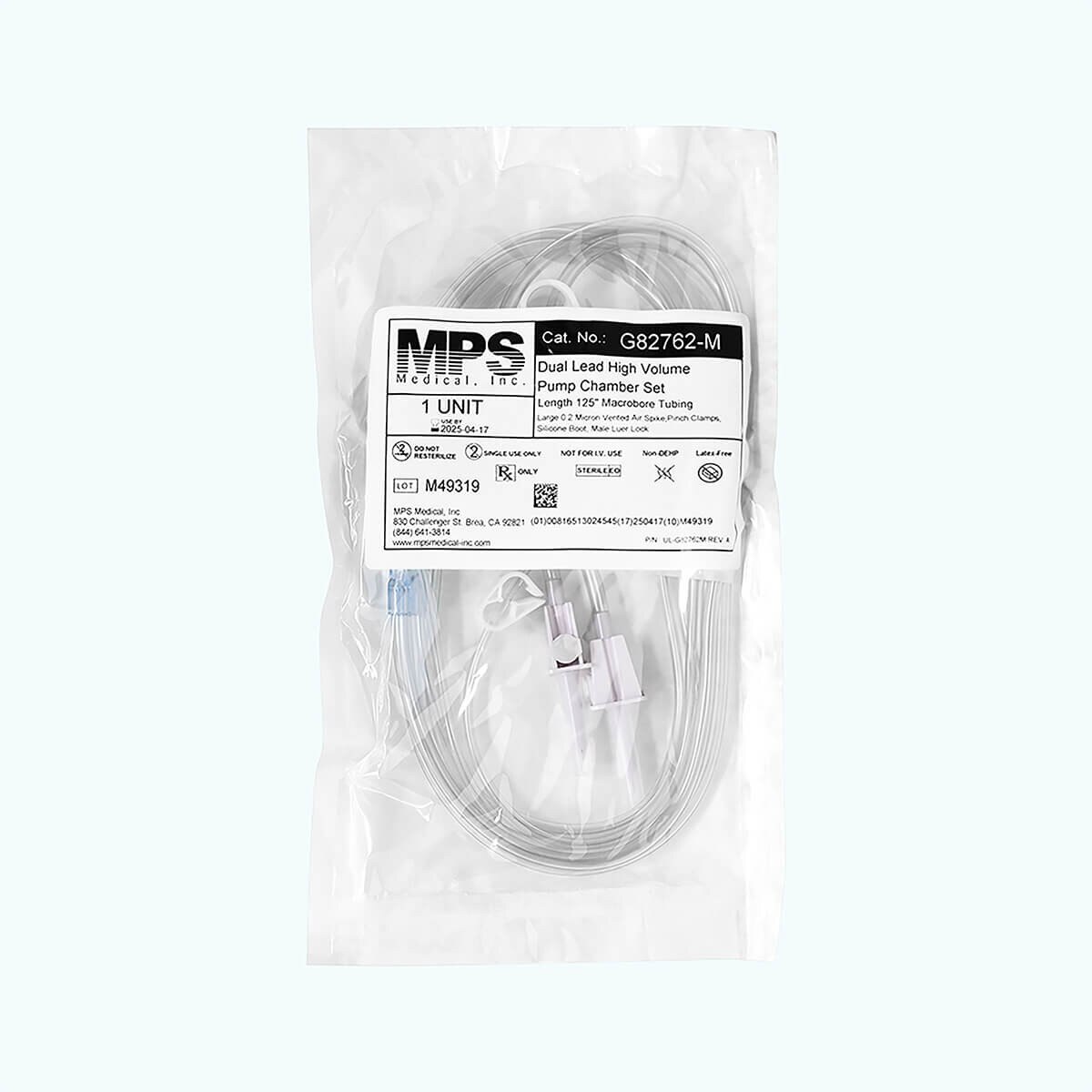 Sterile package of the MPS Pharma G82762-M dual-lead repeater pump tubing set with 125-inch macrobore tubing and two vented air spikes