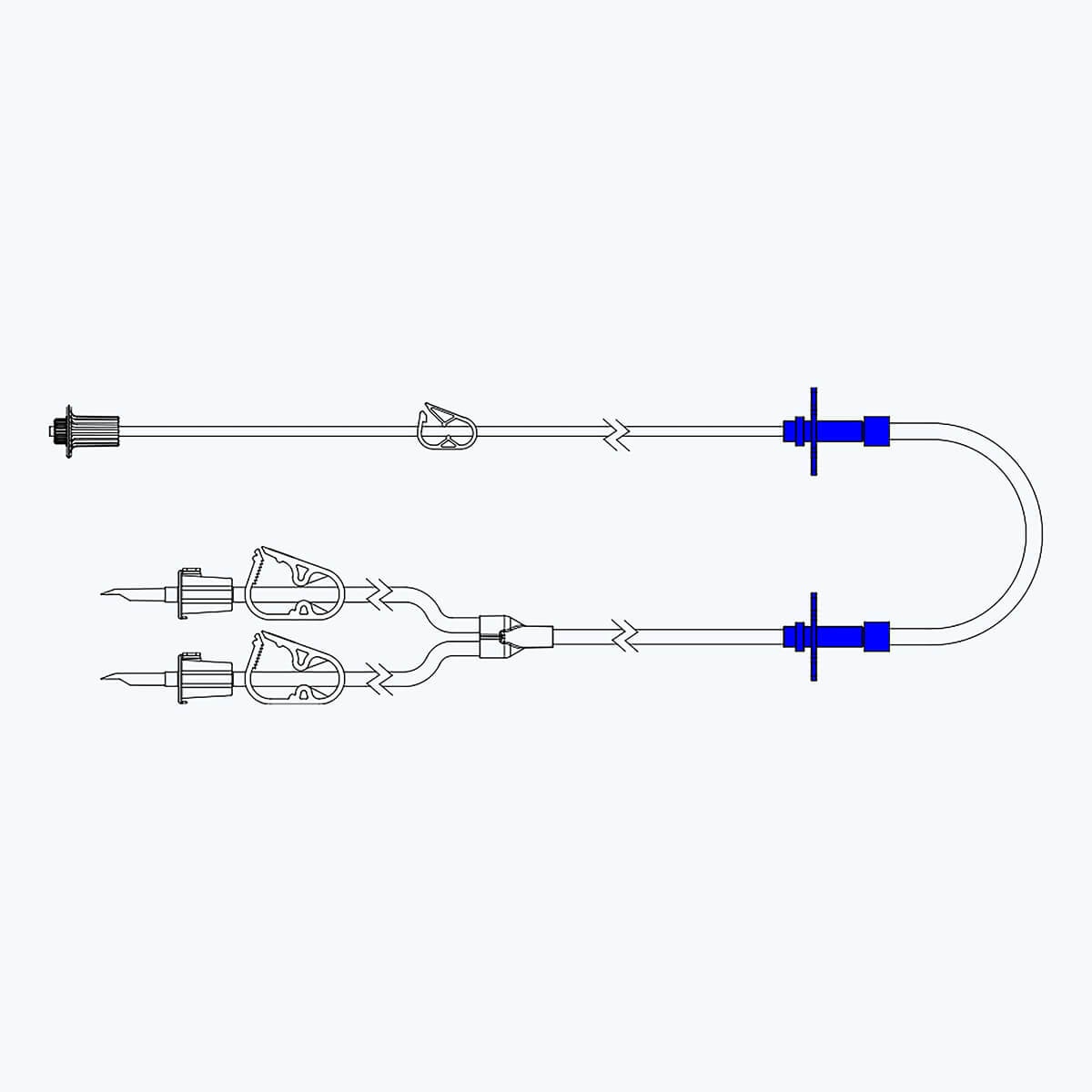 Technical diagram of the MPS Pharma G82762-M dual-lead repeater pump tubing set with two vented spikes, pinch clamps and male Luer Lock