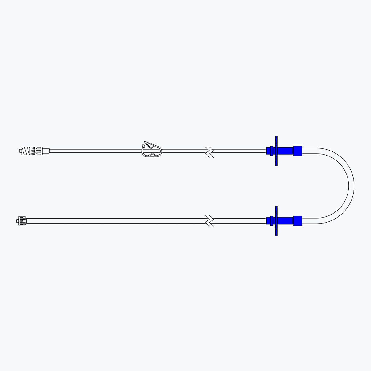 Technical diagram of the MPS Pharma G827 Luer-to-Luer repeater pump tubing set with male Luer Lock outlet and pinch clamp