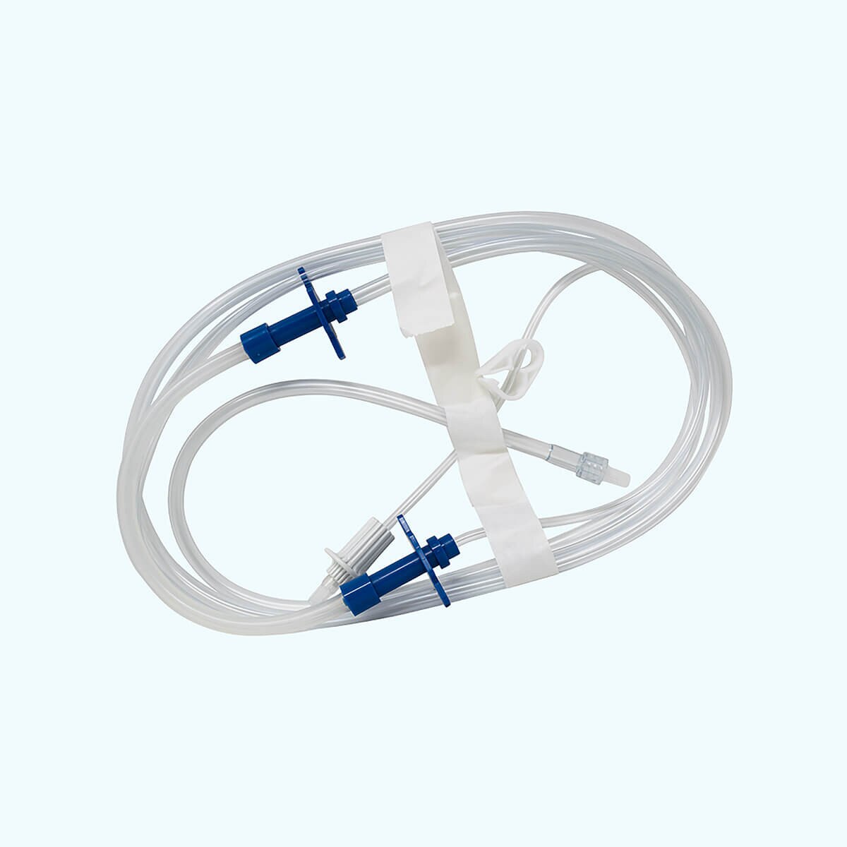 MPS Pharma G827 Luer-to-Luer repeater pump tubing set with coiled clear tubing, blue pump chambers and pinch clamp