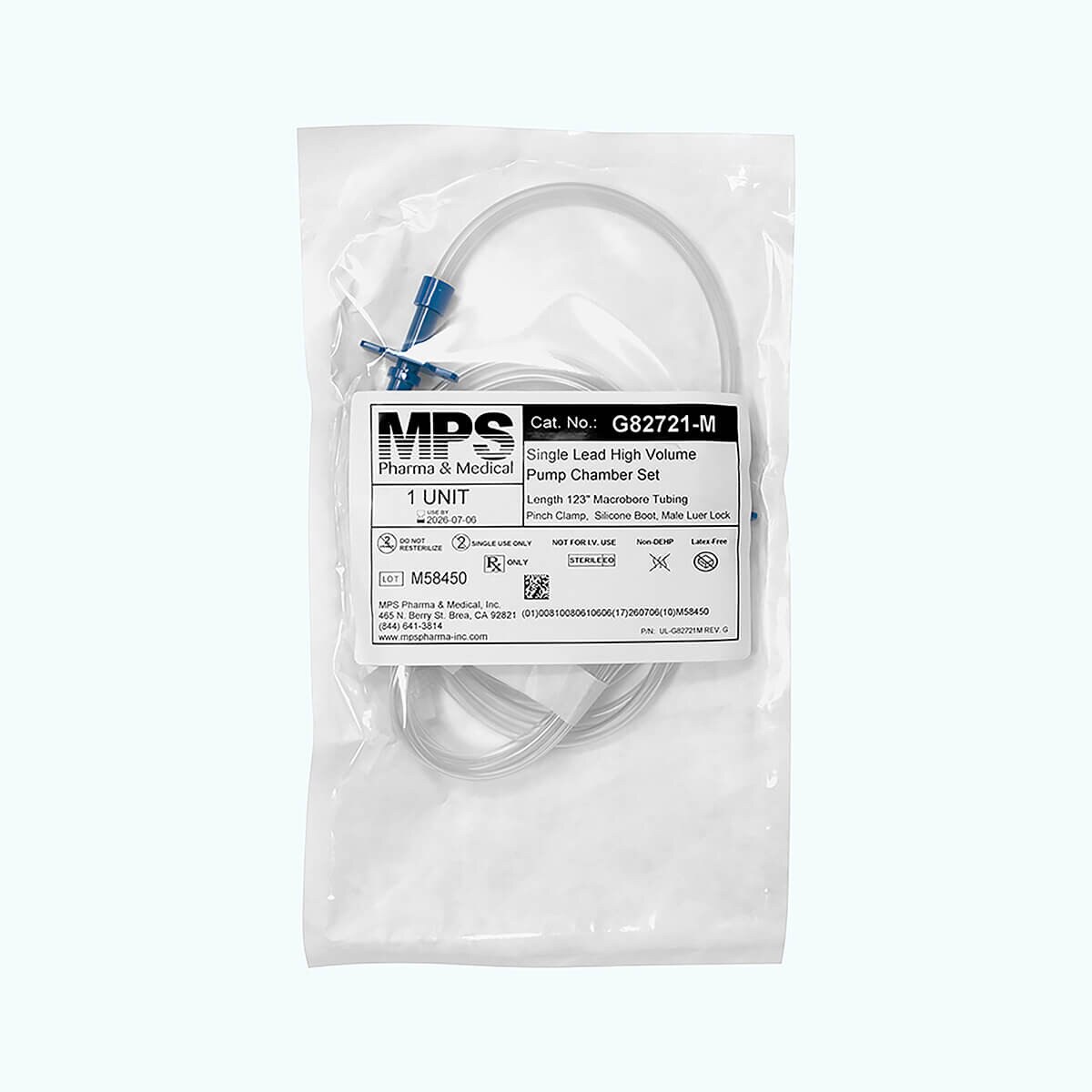 Sterile package of the MPS Pharma G82721-M single-lead Luer-to-Luer repeater pump tubing set with 123-inch macrobore tubing and male Luer Lock