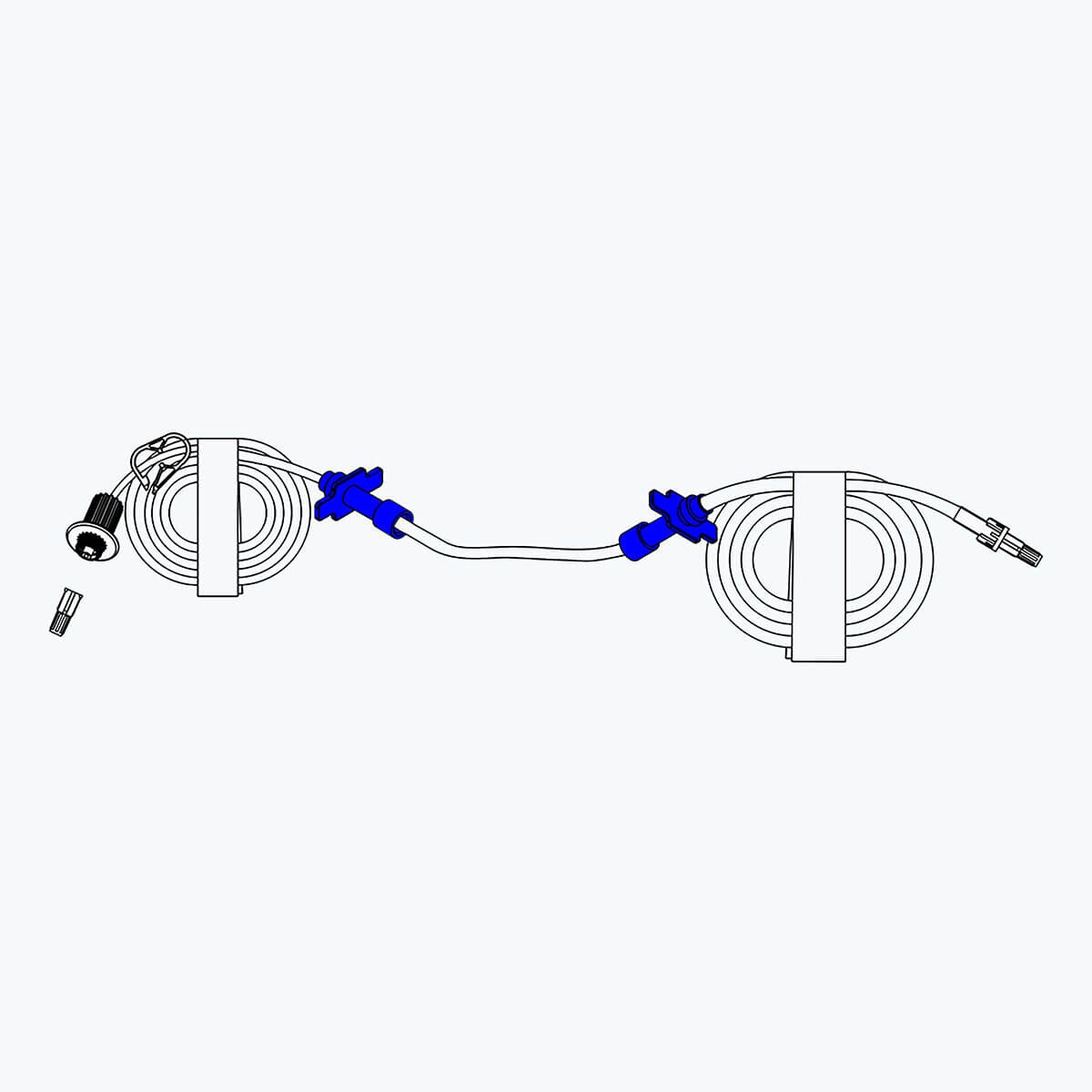 Technical diagram of the MPS Pharma G82721-M Luer-to-Luer repeater pump tubing set with dual coiled tubing sections and pinch clamp
