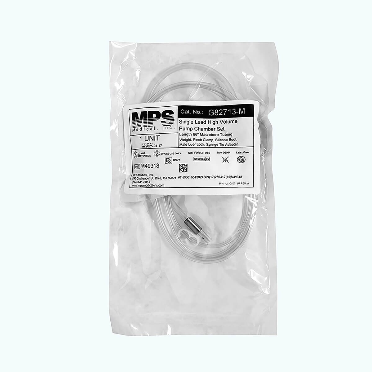 Sterile package of the MPS Pharma G82713-M Luer-to-oral repeater pump tubing set with 66-inch tubing and syringe tip adapter