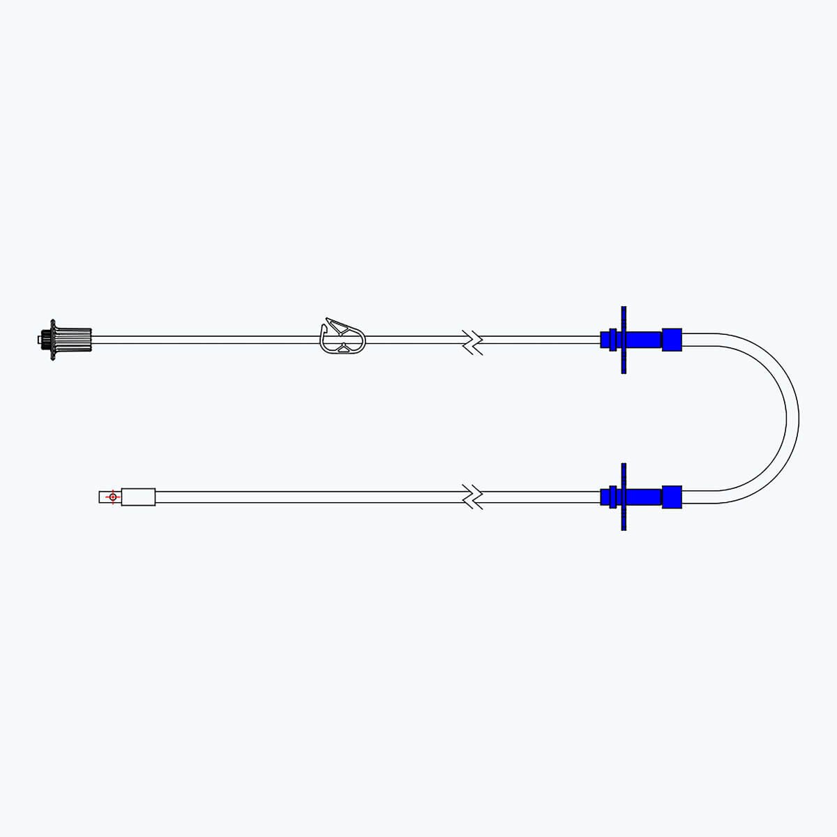 Technical diagram of the MPS Pharma G827 Luer-to-oral repeater pump tubing set with male Luer Lock, syringe tip adapter and pinch clamp