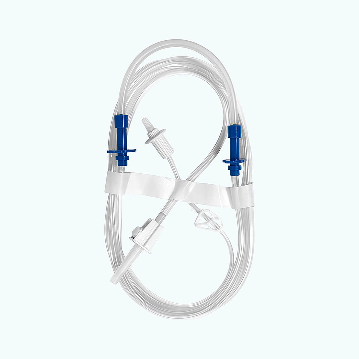 MPS Pharma G827 Luer-to-spike repeater pump tubing set with clear coiled tubing, blue pump chambers and single spike