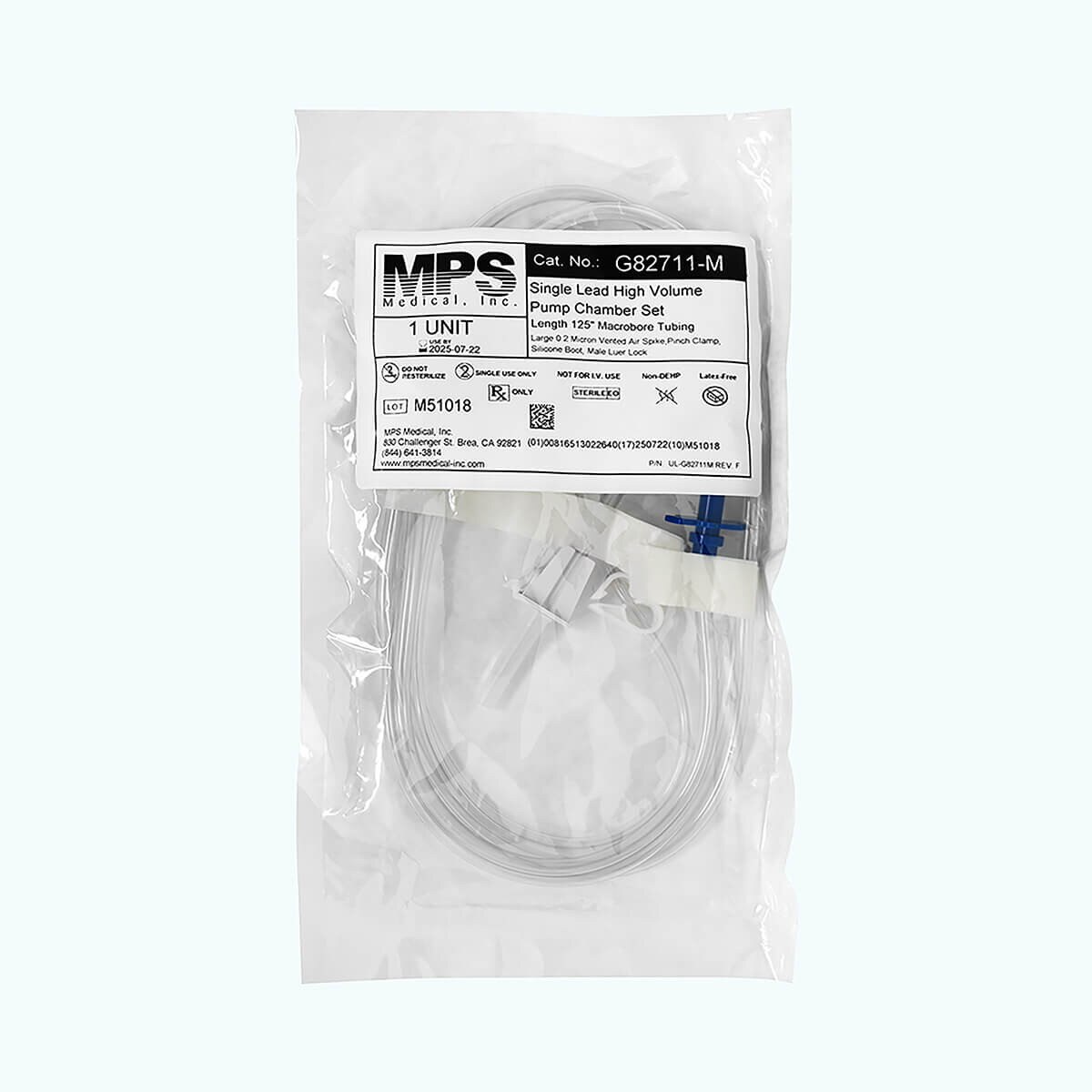 Sterile package of the MPS Pharma G827 Luer-to-spike repeater pump tubing set with clear tubing and single spike