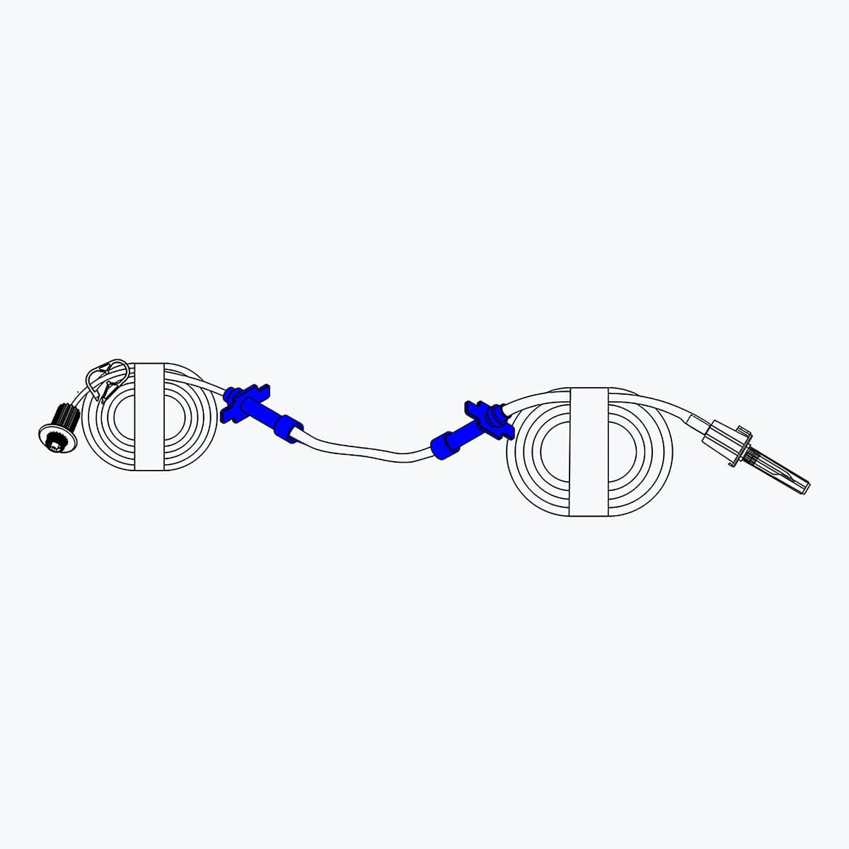 Technical diagram of the MPS Pharma G827 Luer-to-spike repeater pump tubing set with coiled tubing, pinch clamp and single spike
