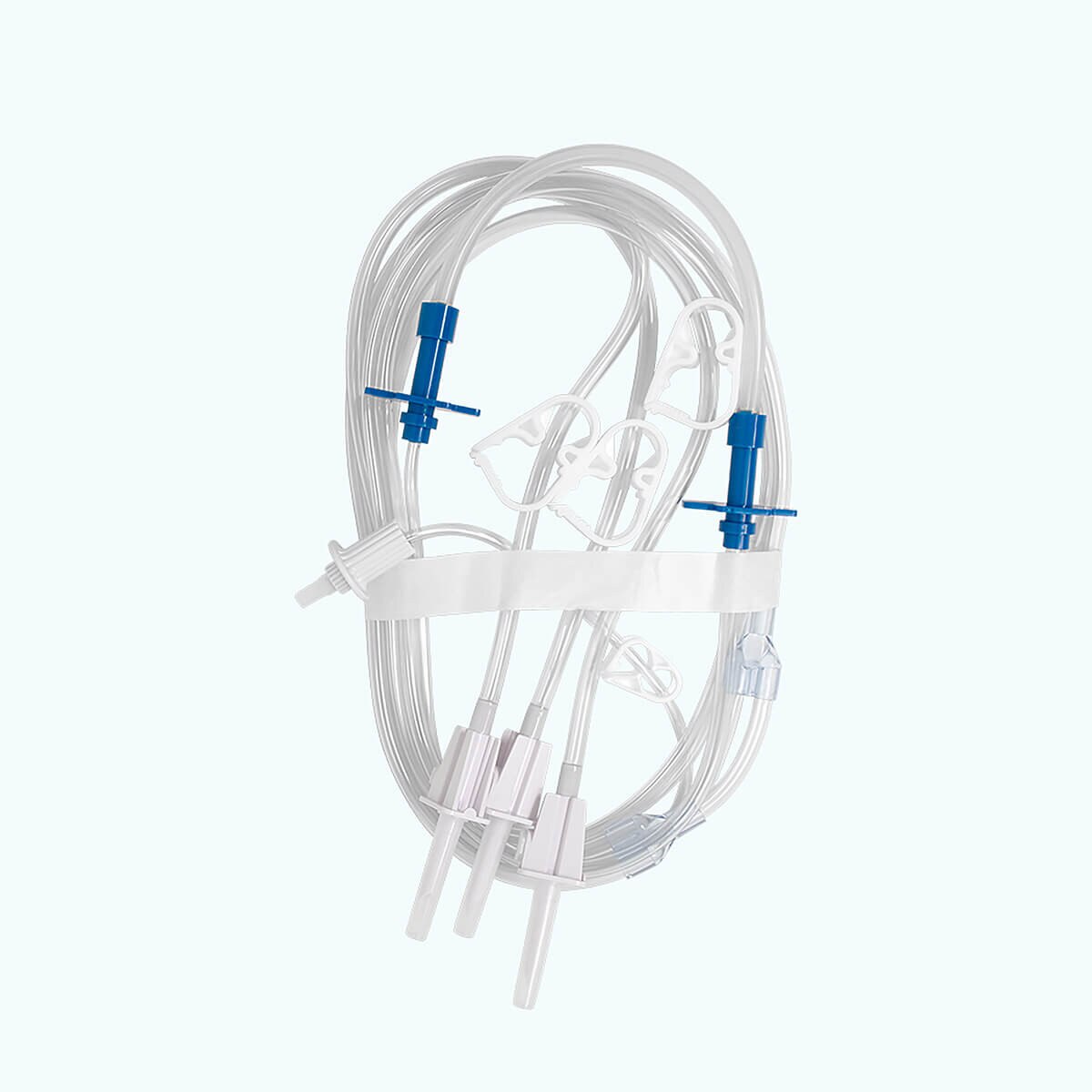 MPS Pharma G827 Luer-to-triple-spike repeater pump tubing set with clear coiled tubing, blue pump chambers and three spikes