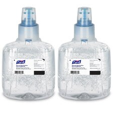 Two Purell Advanced Green Certified Sanitizer Gel 1,200 mL refill cartridges shown side by side, highlighting the clear gel formula inside the transparent containers.