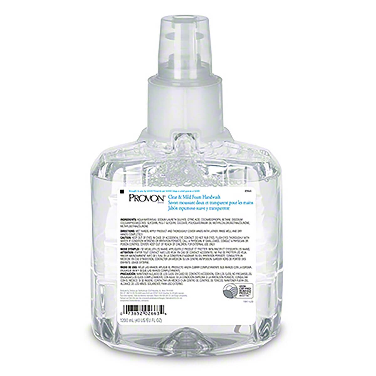 Rear view of the PROVON Clear & Mild Foam Soap refill cartridge showing full back label and product information.