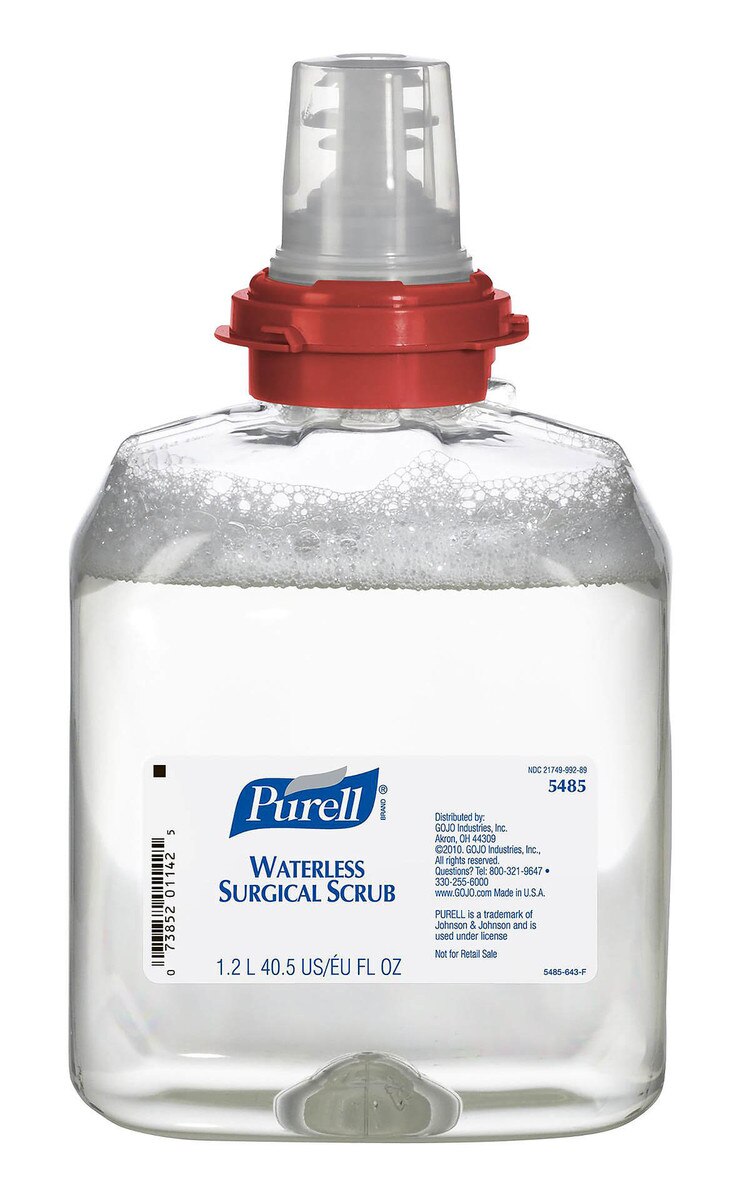PURELL Waterless Surgical Scrub Gel TFX refill cartridge with clear container, visible gel inside, red collar, and dispensing valve, shown with the front product label facing forward.