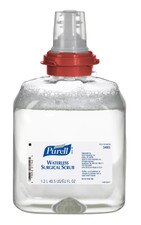 PURELL Waterless Surgical Scrub Gel TFX refill cartridge with clear container, visible gel inside, red collar, and dispensing valve, shown with the front product label facing forward.