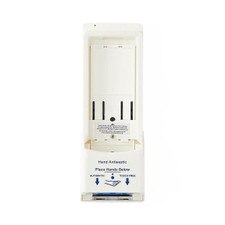 Automatic dispenser for Sterillium microbial liquid sanitizer shown from the front with the cover open, displaying internal mounting slots and touch-free hand placement instructions.