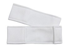 Close-up of two white EasyReach bound-edge polyester mop pads showing smooth, textured material designed for cleanroom wiping.