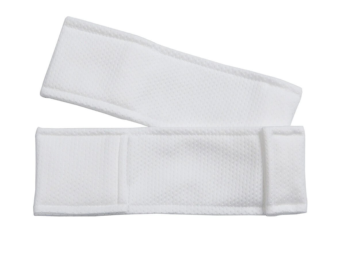 Close-up of two white EasyReach bound-edge polyester mop pads showing smooth, textured material designed for cleanroom wiping.