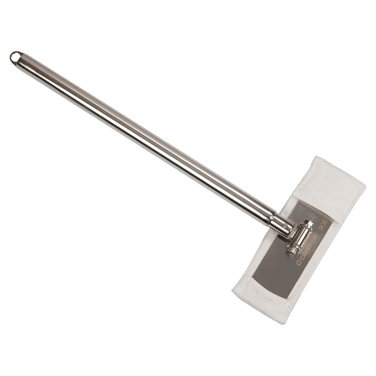 Stainless steel EasyReach isolator mop tool with a bound-edge poly mop pad installed on the flat mop head.