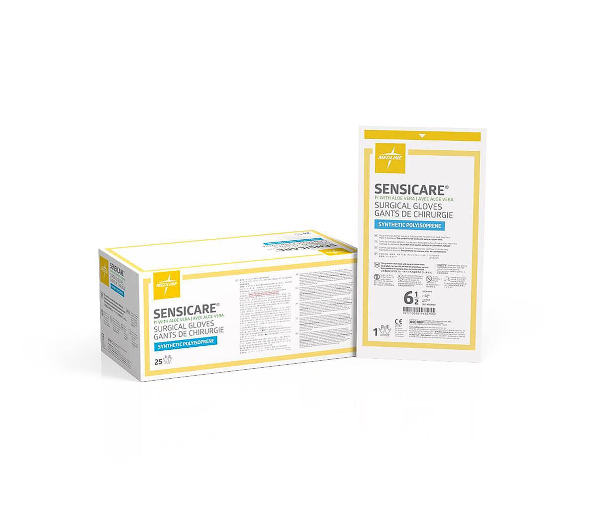 Individual sterile pouch of Medline SensiCare PI with Aloe surgical gloves, size 6.5