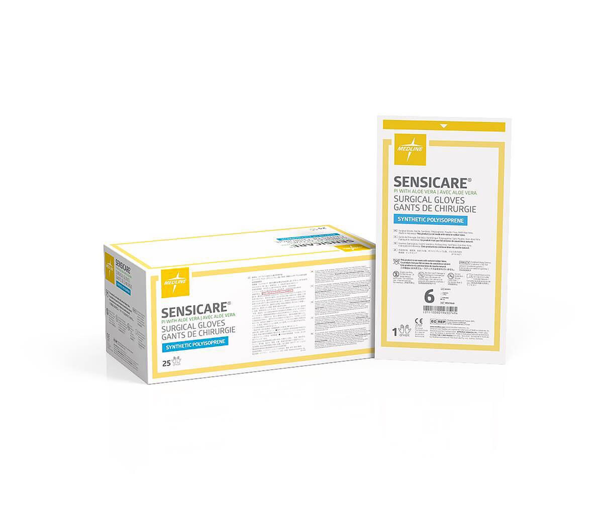 Medline SensiCare PI with Aloe chemo-rated surgical gloves, size 6, case box and sterile pouch