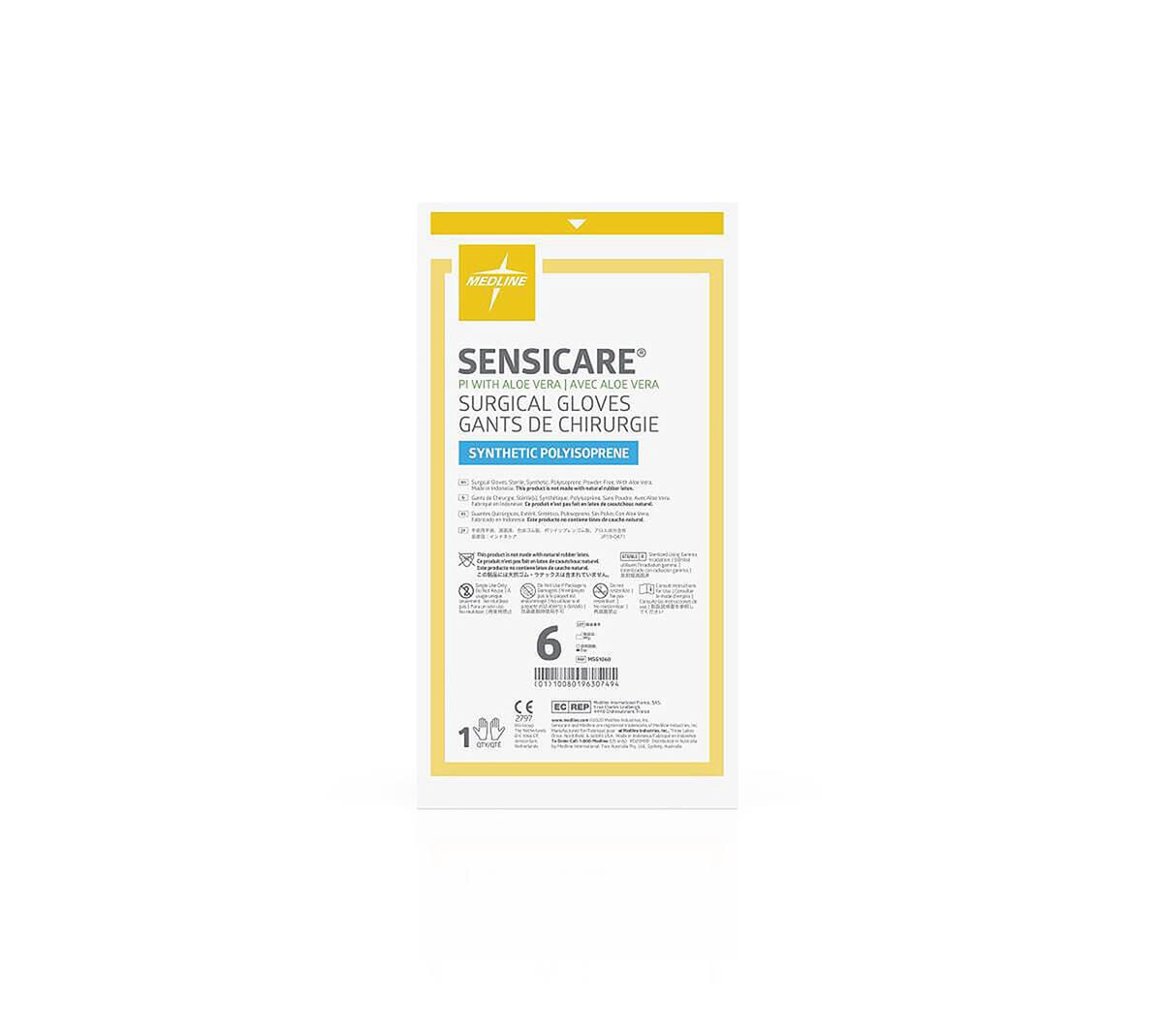 Individual sterile pouch of Medline SensiCare PI with Aloe surgical gloves, size 6