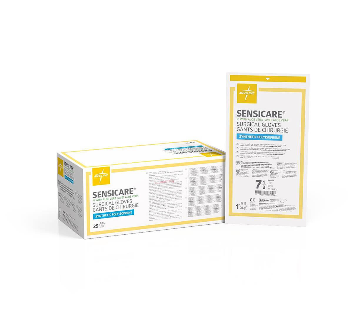 Medline SensiCare PI with Aloe chemo-rated surgical gloves, size 7.5, case box and sterile pouch