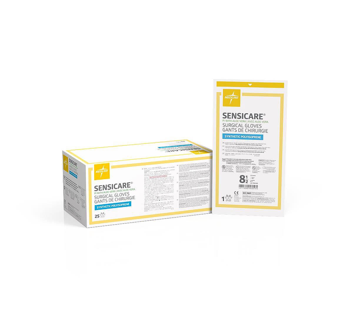 Medline SensiCare PI with Aloe chemo-rated surgical gloves, size 8.5, case box and sterile pouch