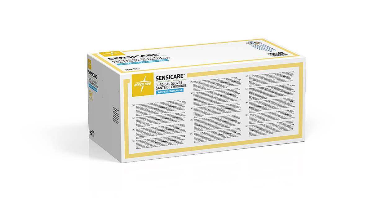 Case box of Medline SensiCare PI with Aloe polyisoprene surgical gloves, size 8.5