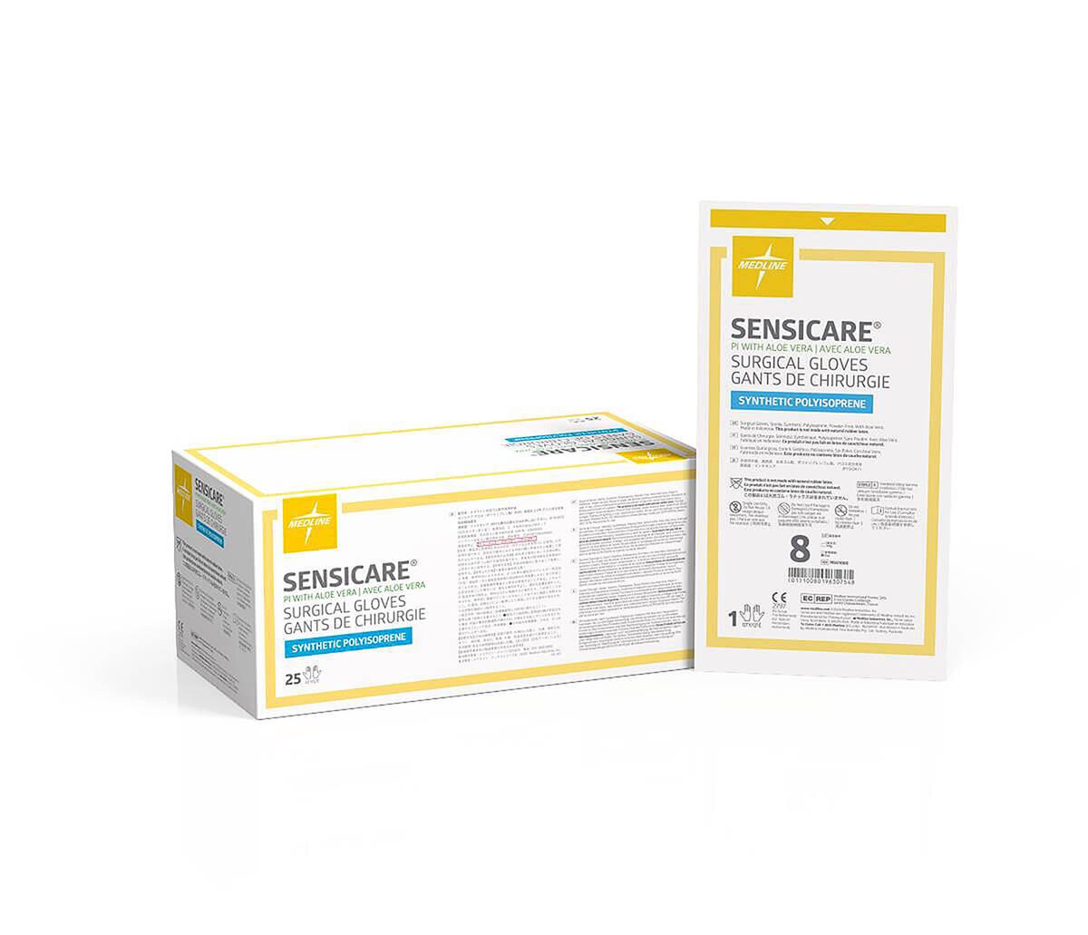 Medline SensiCare PI with Aloe chemo-rated surgical gloves, size 8, case box and sterile pouch