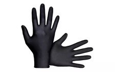 Raven black nitrile exam gloves showing full hand coverage and textured fingertips
