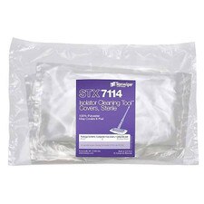Clear sealed package containing sterile polyester mop covers and pad, with a purple Texwipe STX7114 label centered on the front.