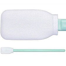 Close-up view of Alpha Sterile polyester knit swab head showing large rectangular padded tip with tightly woven white knit texture attached to mint-green handle