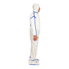 Side profile view of a chemo-rated white poly coverall with attached hood and integrated boots, featuring blue sealed seam tape for fluid protection.