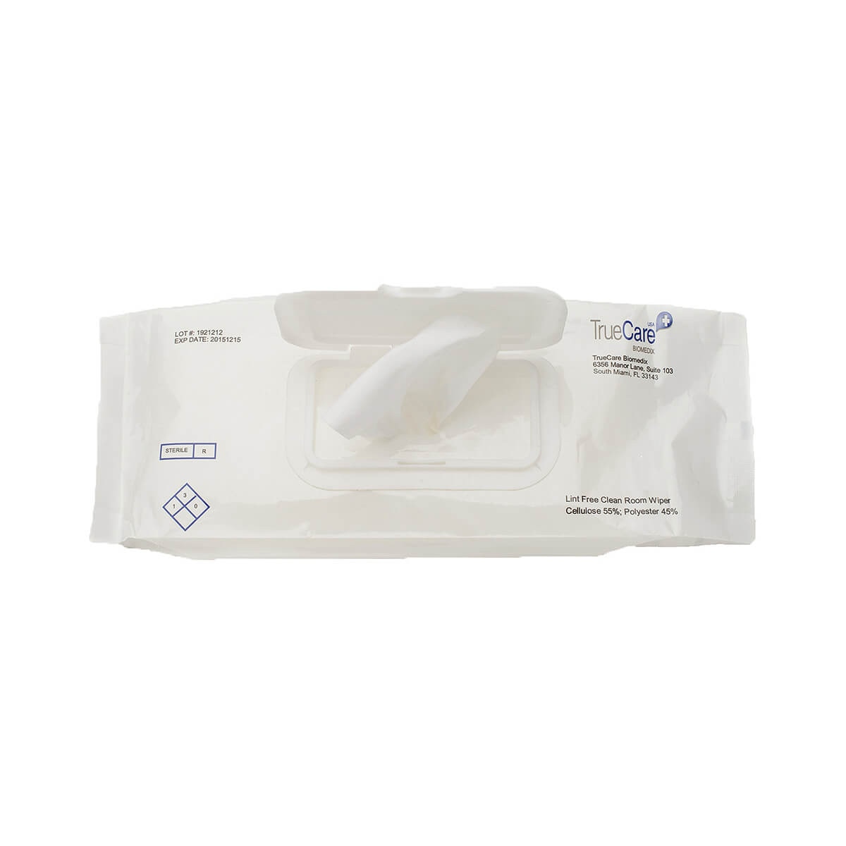 Opened 9x9 sterile 70% IPA blend wipes pack with one wipe dispensed through flip-top opening.