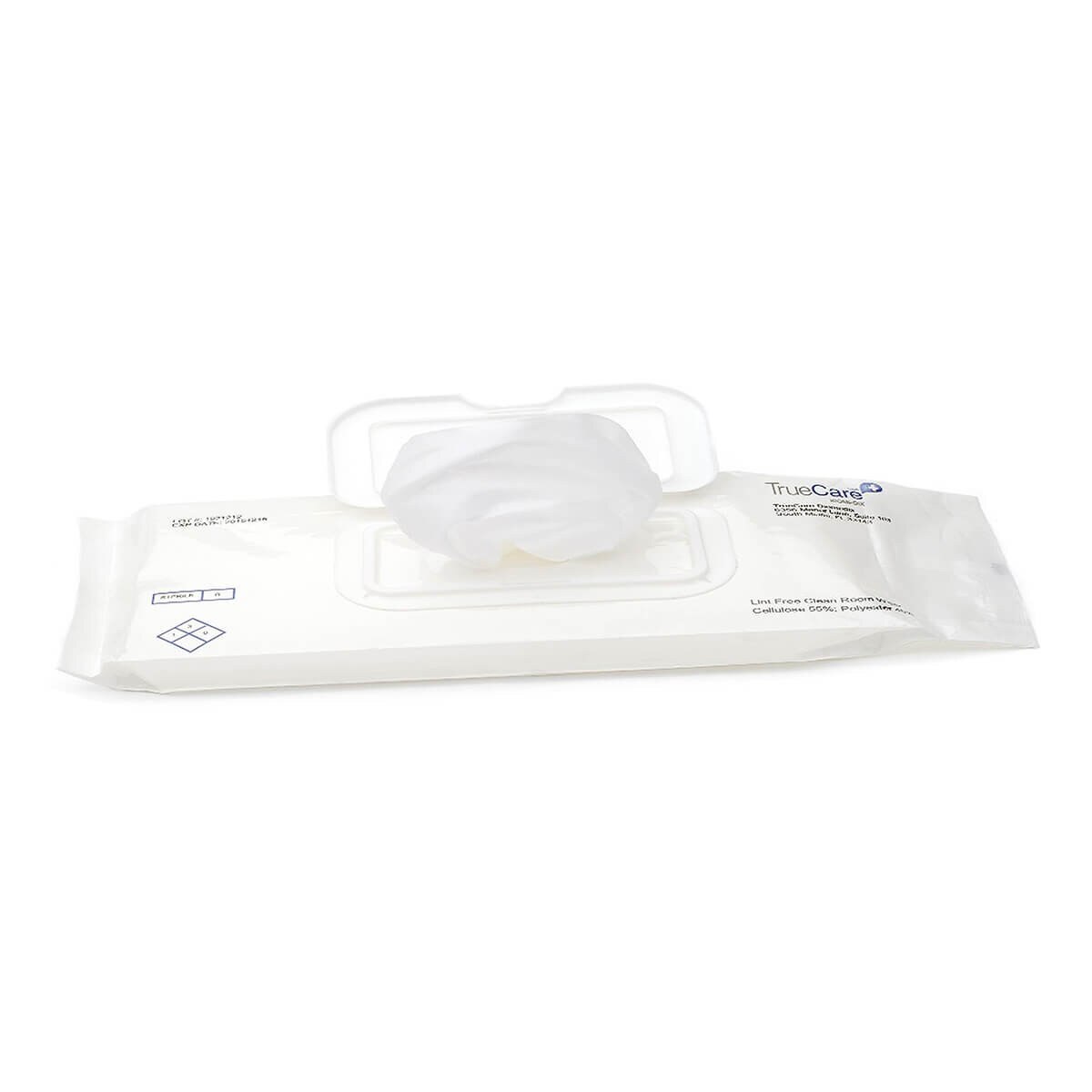 Opened sterile 70% IPA blend wipes soft pack with single wipe pulled through flip-top lid, 9x9 cleanroom format.