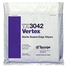 Front-facing package of Vertex sterile sealed-edge wipes showing TX3042 label, purple product panel, and wipe size 12 x 12 displayed on sealed white sterile packaging