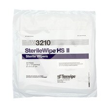 Front-facing image of TX3210 SterileWipe HS II sterile dry blend wipes showing purple product banner, wipe size 12 x 12, and sterile labeling on sealed white packaging